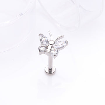 Detail View 1 of Implant Grade Titanium Butterfly Sparkle Internally Threaded Flat Back Stud Labret-Clear Gem